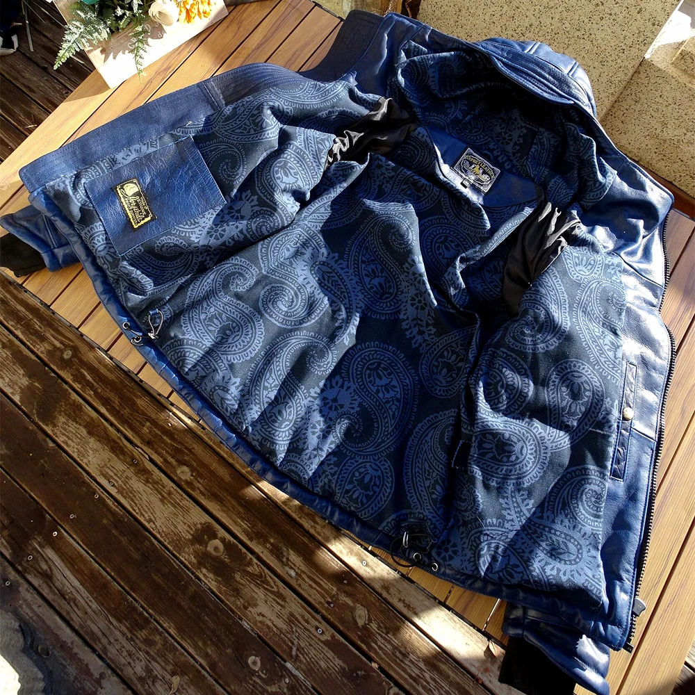 Японский бренд JKT пуховое пальто из конской кожи зимняя синяя кожаная куртка Ricken