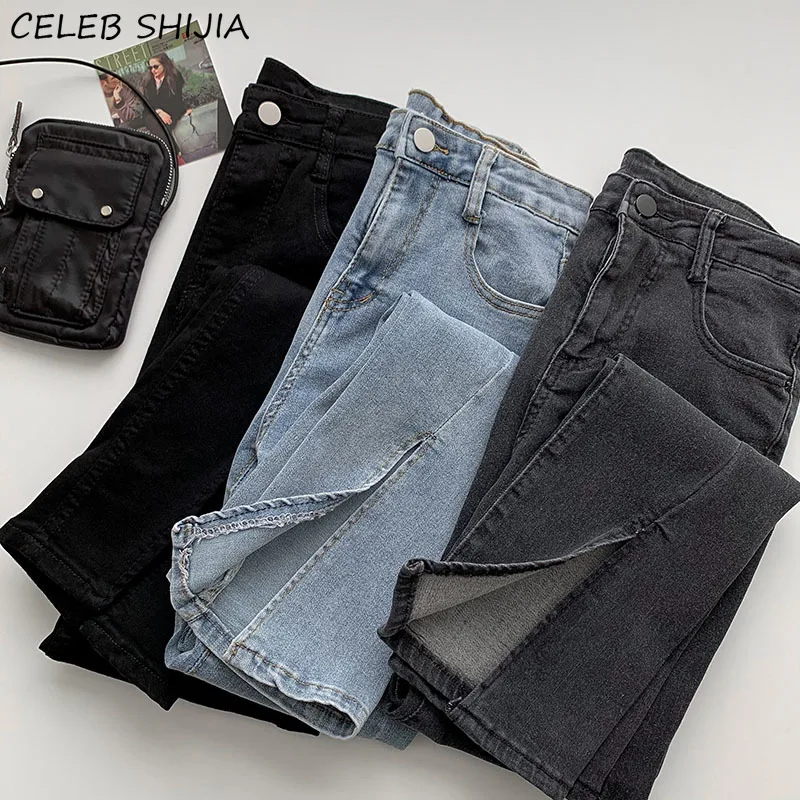 

SHIJIA Split Straight Pants Woman Stretchy Denim Jeans Black High Waisted Bottom Woman Harajuku Summer Jeans Female Trousers