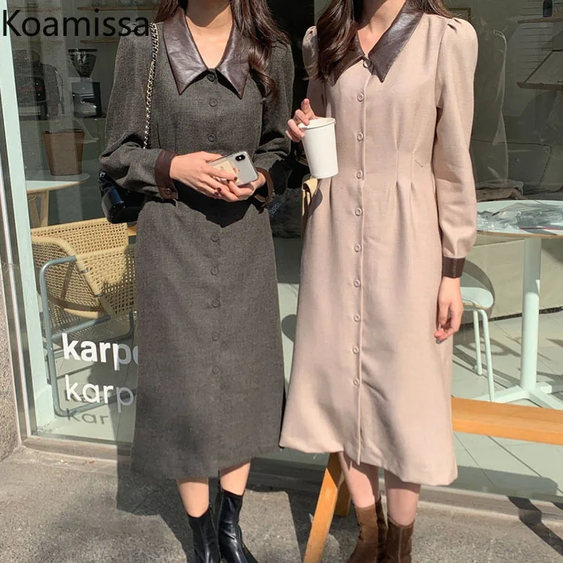Koamissa Pu Leather Collar Woman Long Dress Retro Office Lady Spring New Dresses Fashion Women Bodycon Patchwork Vestidos 2022