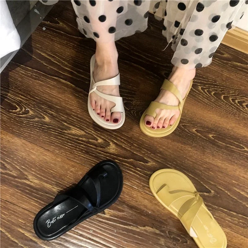 

2022 New Fashion Thick Bottom Flip Flops Cowhide Solid Color Beach Slippers Women Simple Casual Sandals Shoes Female Sandals