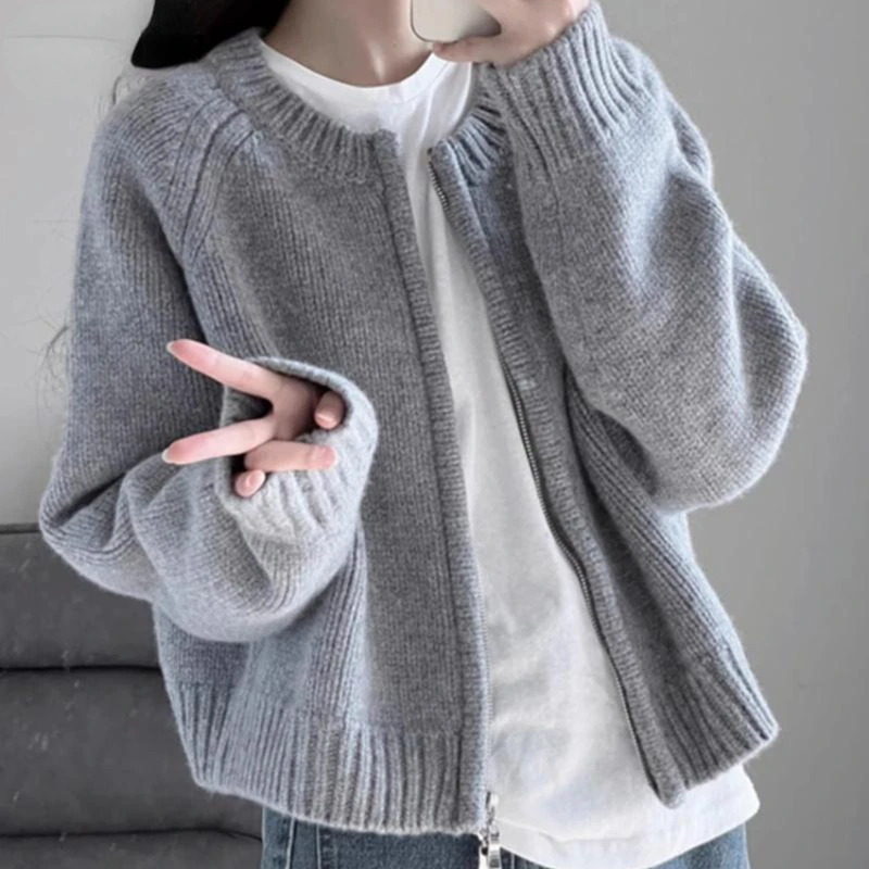 

Grey Vintage O-neck Loose Women Cardigan Chicly Zipper Fashion Casual Solid Color Sweater Knitting Autumn Female Cardigan
