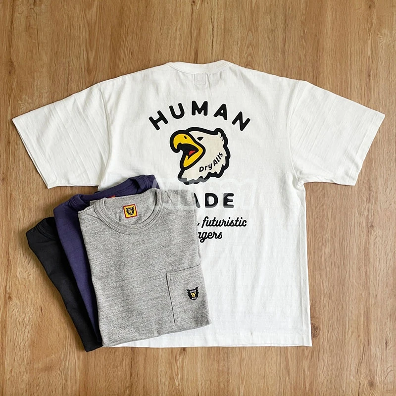 

2023 Fashion HUMAN MADE T Shirts for Men Pocket Eagle Print Oversized White Tee Unisex Short Sleeves Streetwear Clothes Tops