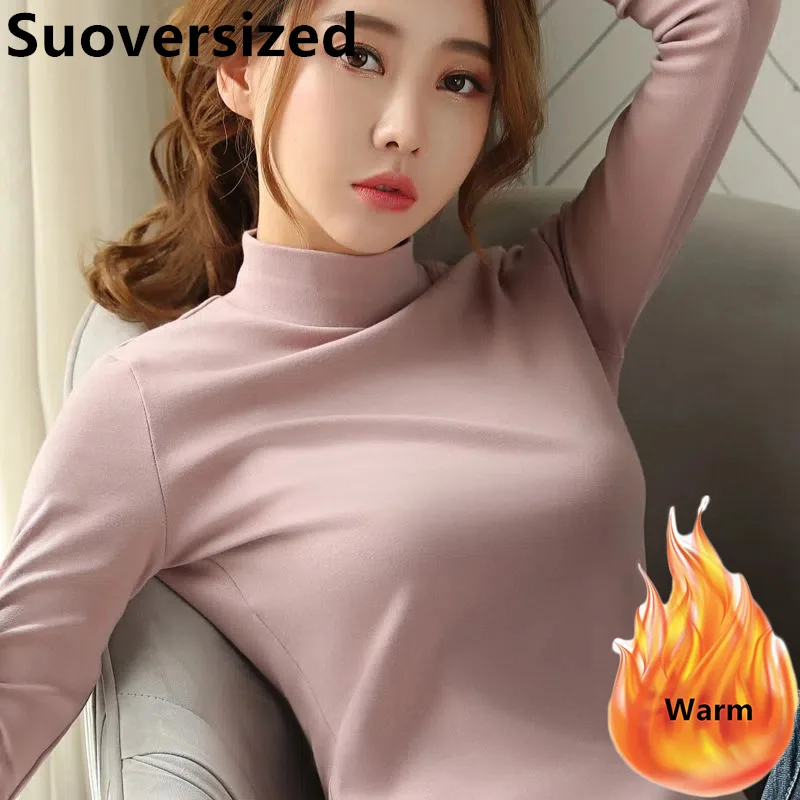 

Winter Add Velvet Mock Neck Tops For Women Slim Warm Elegant Soft Bottomed T Shirts Korean Casual Solid Long Sleeve Pullover