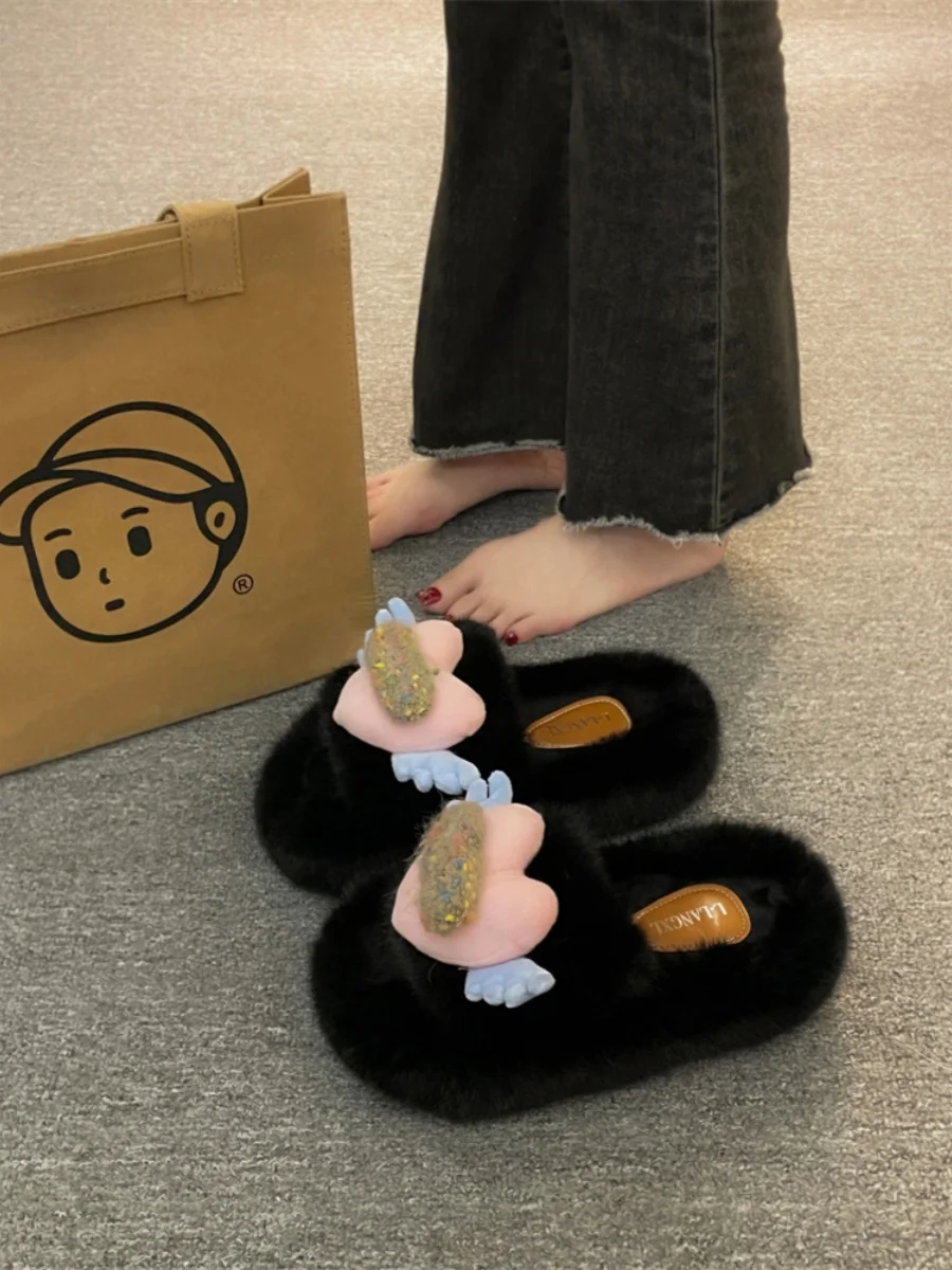 

Шлепанцы женские из флока, повседневные сандалии на среднем каблуке, шлепанцы с мехом, роскошные черные, плоская подошва, плюшевые, для девушек, римские, Fa, 2023