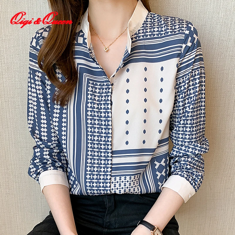 

Qiqi&queen Geometric Blusas Office Worker Retro Top Printed Generous Chiffon Tops Korean Version 2023 Spring New Casual Shirt