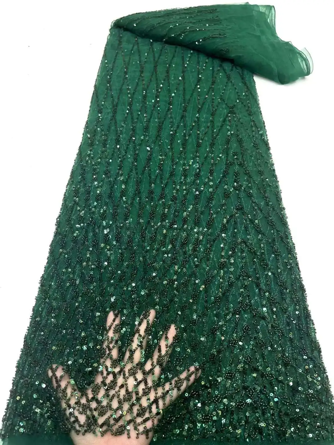 

Green African High Quality Lace Fabric French Net Sequins Beaded Fabric Sewing Embroidered Lace Tulle Nigerian Fabric 5 Yards