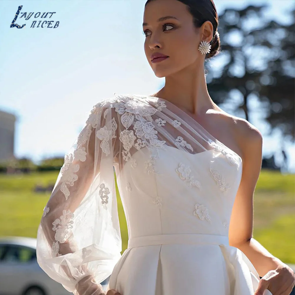 

Lace Appliques One Puff Sleeve Wedding Dress Split vestidos de novia Stain robe de mariée For Women 2023 Custom Sweep Train Gown