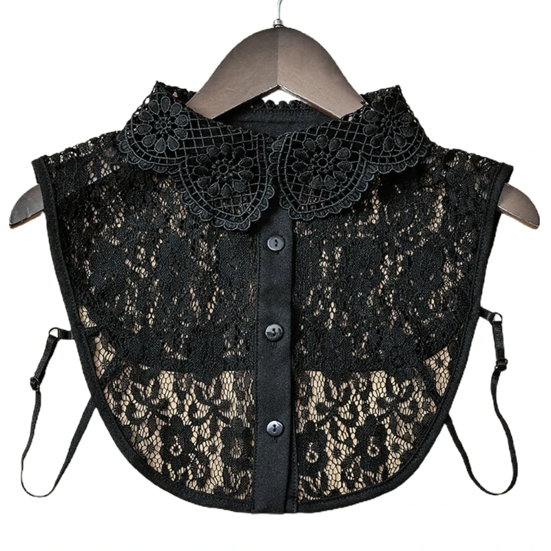

Women Elegant Decorative Lapel Half Shirt Blouse Hollow Out Jacquard Floral Lace Breathable Button Down Detachable False Fake