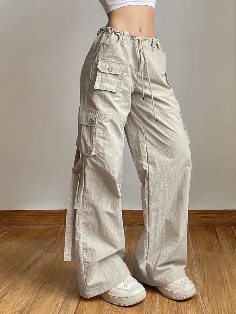 

2023 Новые прямые брюки в стиле ретро с карманами в стиле пэчворк, модные мешковатые брюки-карго цвета хаки с низкой посадкой, женские брюки для бега в стиле Харадзюку 1920-х годов