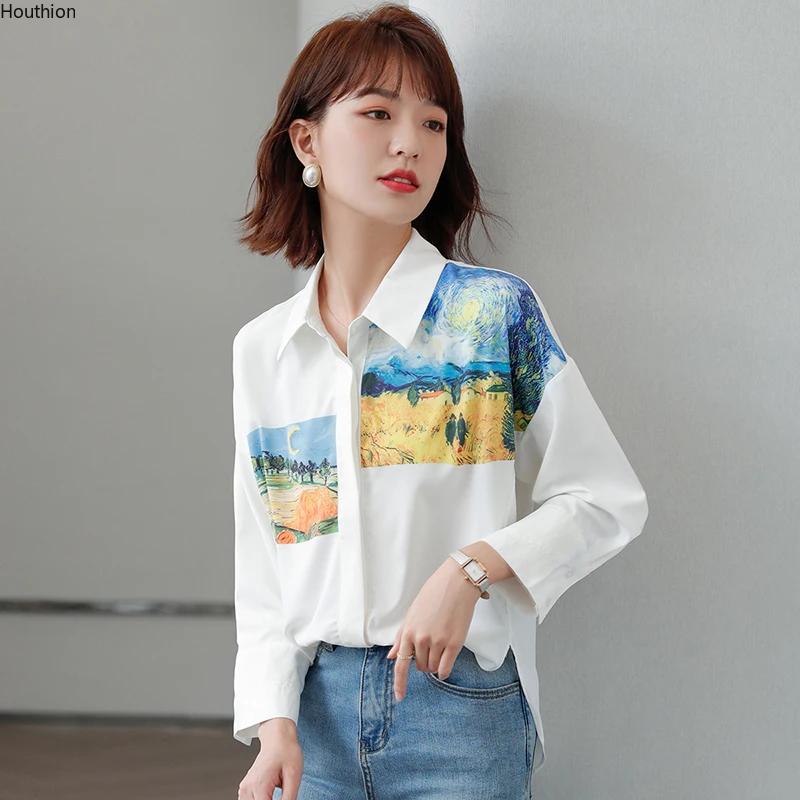 

Шифоновая Свободная Женская рубашка, новые модные блузки, Топ Поло с принтом, летняя повседневная Весенняя женская одежда с длинным рукавом
