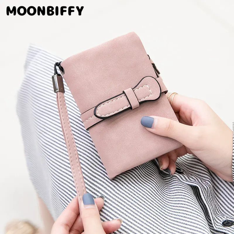 

Multifunction Short Purse Fold Women Wallets Drawstring Nubuck Leather Zipper Wallet With Wrist strap Ladies Carteira Feminina