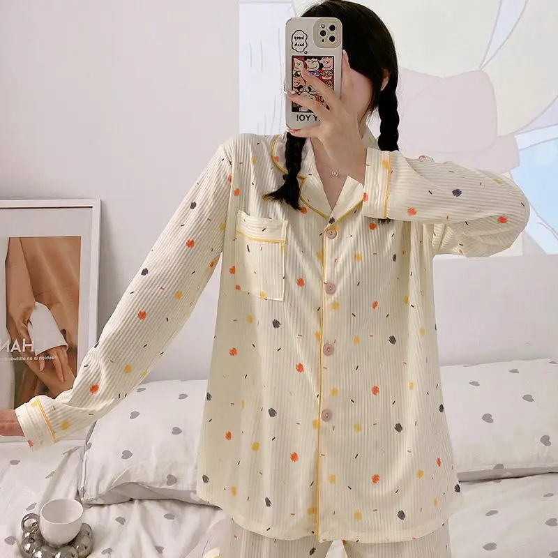 Yasuk Spring Autumn Fashion Women's Casual Soft Milk Silk Sleepwear Homewear Pajamas Set With Pants Color Dots Print Cute Girl