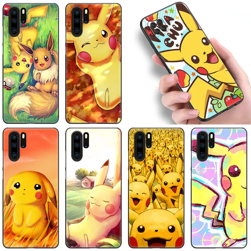 

Anime Cute Pikachu eevee Case For Huawei P50 P40 P30 P20 Pro P10 P9 P8 Lite 2017 5G P Smart Z 2021 2020 2019 2018 Black Cover