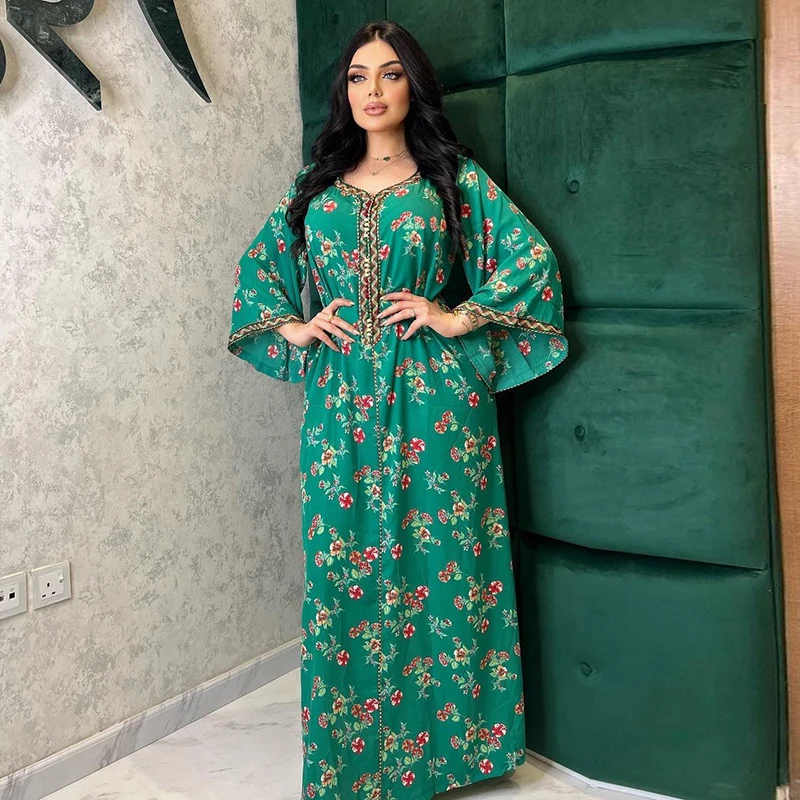 Floral Print Muslim Long Sleeve Abaya For Women 2022 Dubai Turkey Hijab Moroccan Kaftan Dress Luxury Arabian Ramadan Eid  Abayas
