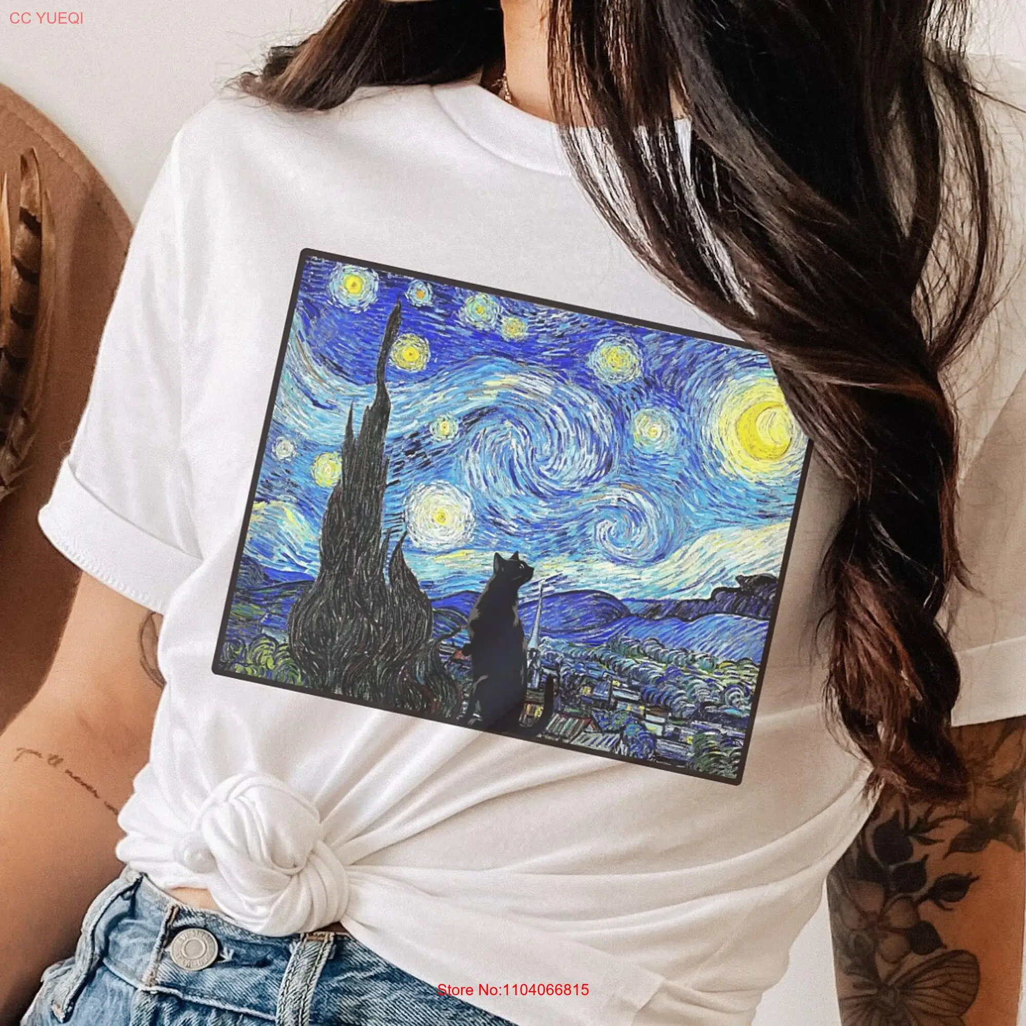 Звездная ночь футболка Кот Ван Гог смешной история искусства 1889 с длинными или