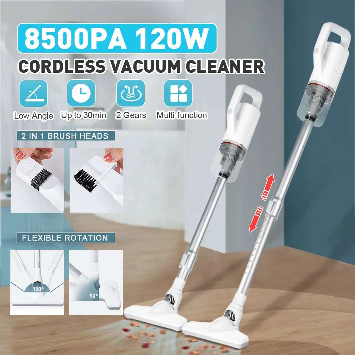 

120W 8500Pa Big Suction USB Chargable Handheld Mini Wireless Vertical Washing Vacuum Cleaner for home car furniture