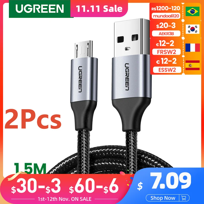 

UGREEN 2 Pack Micro USB Cable 3A Fast Charging 1.5m USB Cable for Samsung Xiaomi HTC USB Charger Data Cable Mobile Phone Cable