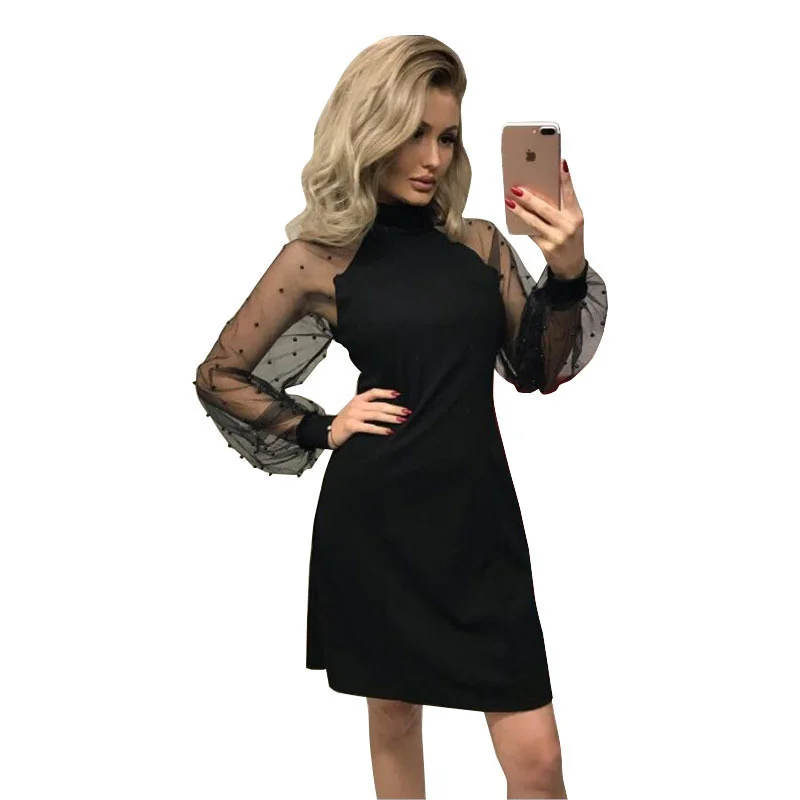 

Sexy Fashion Long Sleeve Dress Plus Size Spring Solid Elegant Stand Dot Dresses for Women Sheath Full Vestidos Casual Dropship