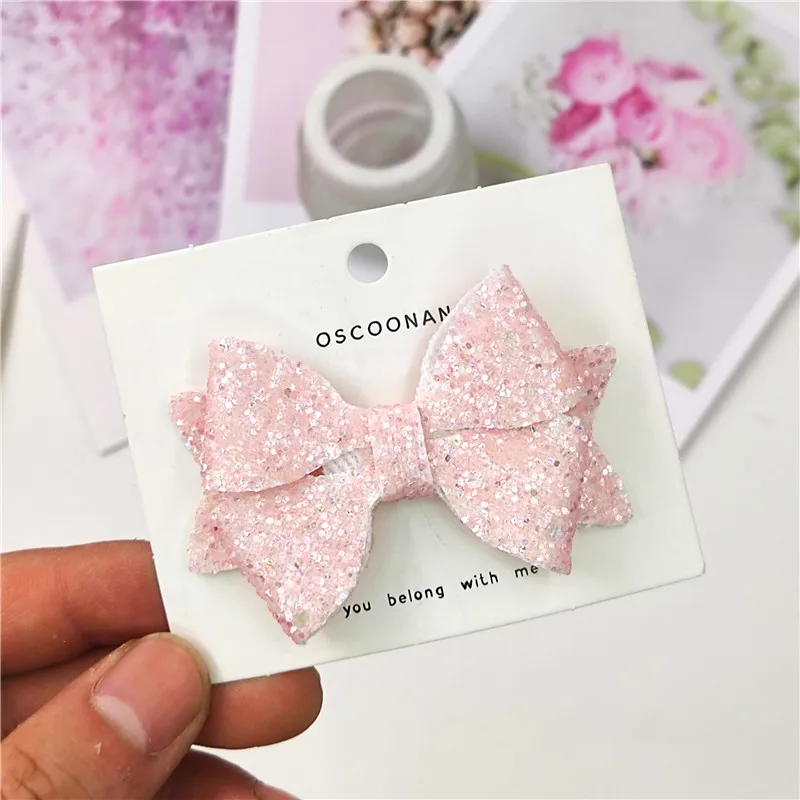 

1PCS Lovely Pink Leather Glitter 2.8 Inch Bow Elastic Hair Bands Hairpins Dance Party Korean Hair Accessories For Baby Girl NEW