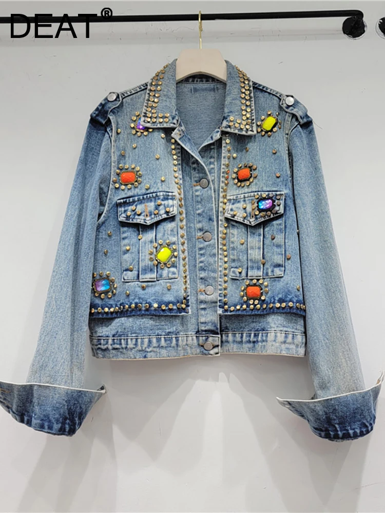 

DEAT Women's Denim Coat Patchwork Long Sleeve Single Breasted Geometric Gemstone Luxury Jackets 2023 Autumn New Fashion 29L2443