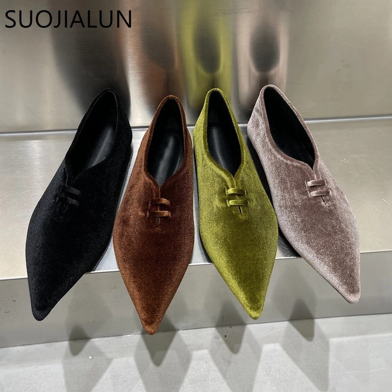

SUOJIALUN 2023 Spring New Flat Heel Women Shoes Fashhion Pointed Toe Velvet Soft Moccasin Classic Loafer Female Ballerina Mujer