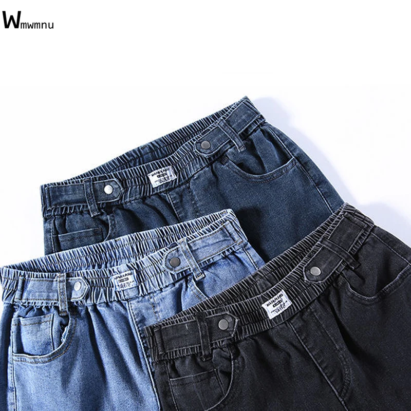 

Korean Fashion Oversized Elastic Waist Baggy Jeans High Waist Denim Pants Women Casual Harem Pants Blue Pocket Loose Trousers