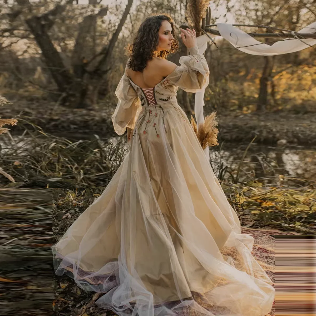 Платье невесты цвета шампанского в стиле бохо женские платья с длинным рукавом