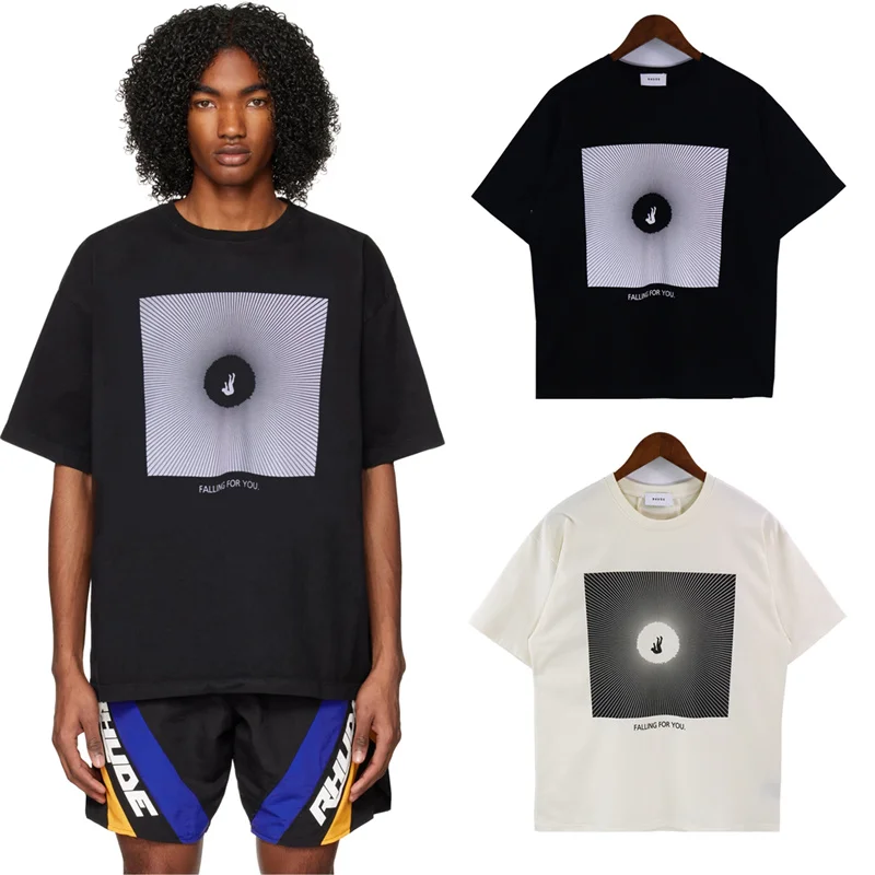 

RHUDE Oversized Cotton % T-Shirt Men's American High Street Beach Rhude Retro Loose Couple Half-Sleeve Tops