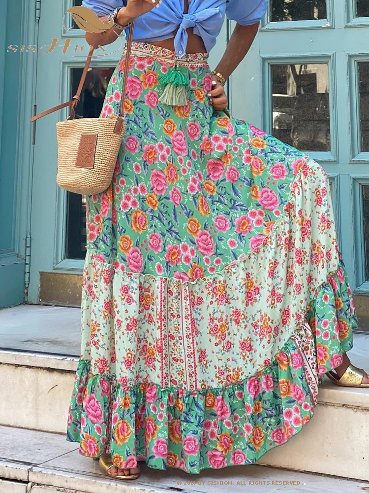 

Длинная юбка в стиле бохо с винтажным принтом, летняя повседневная свободная трапециевидная юбка в художественном стиле, праздничная пляжная юбка с эластичной завышенной талией, VD4096, 2023