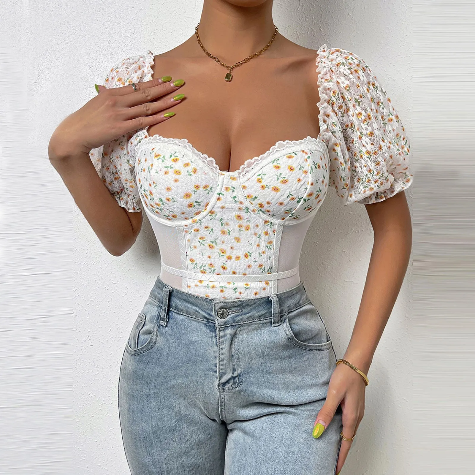 

Jumpsuit For Women Elegant Floral Print Square Neck Corset Bodycon Overalls For Women Transparent Mesh Patchwork Women Bodysuits