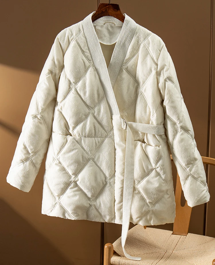 Jacquard 90%  White Duck Down Jacket Women  Luxury  Winter  Camperas De Mujer Invierno 2022 Thin Lace Up Belt Adjustable Waist