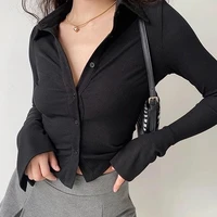 2022 summer new women sexy casual solid color plain button down ribbed shirts crop tops