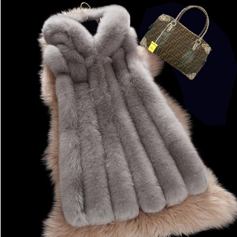 

Faux fox fur grass hooded vest new women's medium and long Korean coat