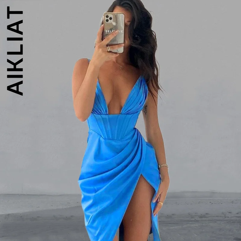 

Aikliat Dress New Women Satin Bodycon Dress Outfits Vocation Style Temperament Dresses Lazy Female Clothing Vestidos