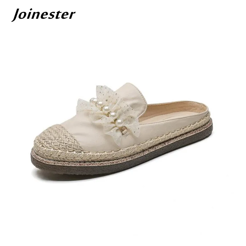 

Women Closed Hemp Toe PU Leather Slippers Ladies Spring Summer Casual Outside Mules with Pearls Fashion Sweet Sandals for Female