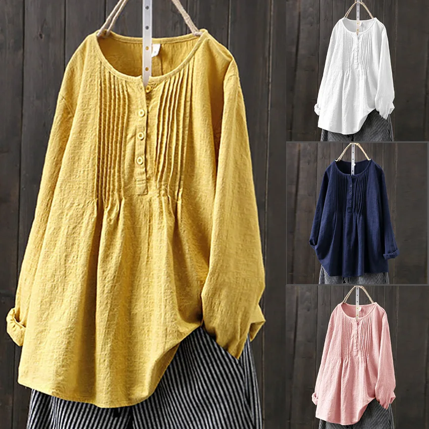 

Cotton Linen 2022 New Loose Long Sleeve Women's Pleated Round Neck Women Large Size Shirt Camisas Mujer