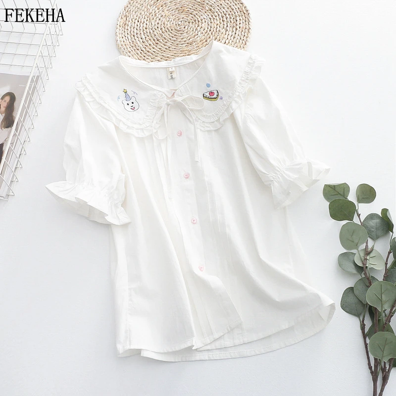

Summer Women White Shirts Short Sleeve Embroidery Blouses Bow Lady Tops Sweet Girls Female Clothing