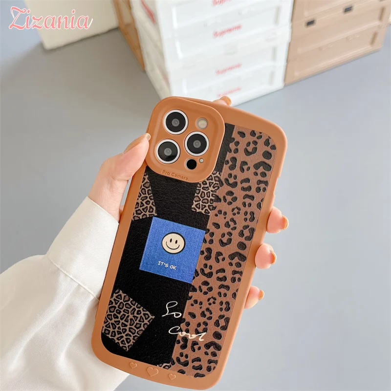 

Lovely Fashion Brown Leopard Print Smiley Soft Apple Phone Case For iPhone 13 12 11 Pro XS Max X XR 7 8 Plus Cover Girl Cute