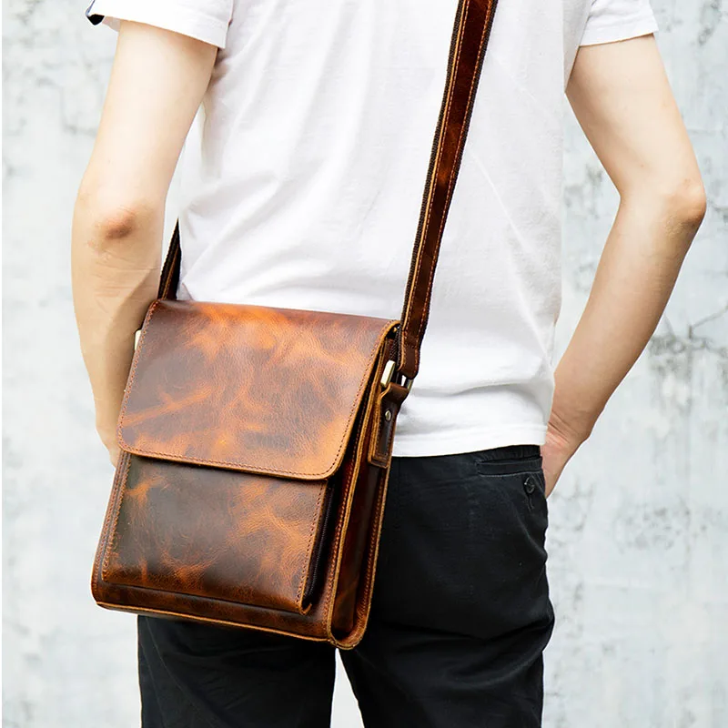 

Luufan Bag Horse Cowhide Bag Men Shoulder Cow Crazy Vintage Briefcase Small Leather Leather Bag Crossbody Male Casual Zip Around