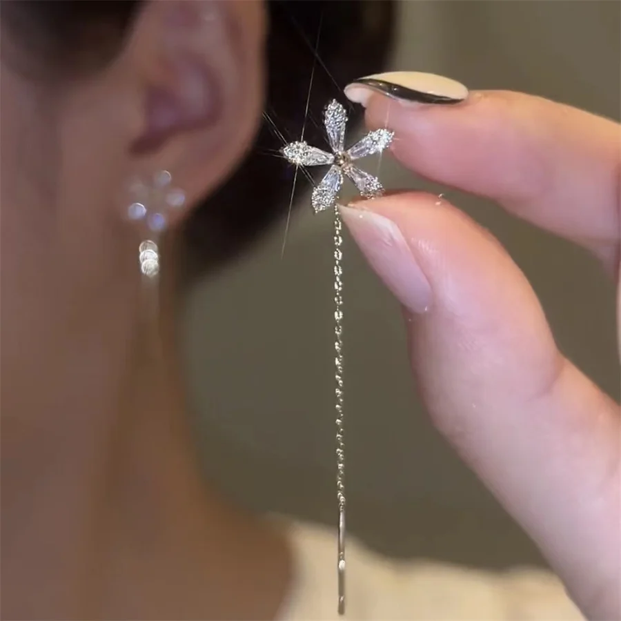 

Elegant Flower Long Tassel Drop Earrings For Women Sparkling Zircon Floral Love Heart Star Moon Earrings Girls Ear Line Jewelry