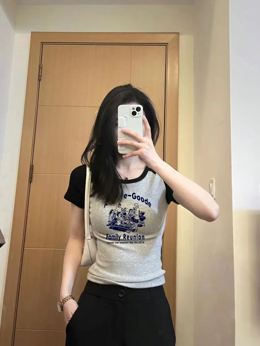 

Y2k Cropped T Shirts Fashion Women Crop Top Harajuku Streetwear Slim Tshirt Summer Sexy Party Femme Womens Contrast Color Clothe