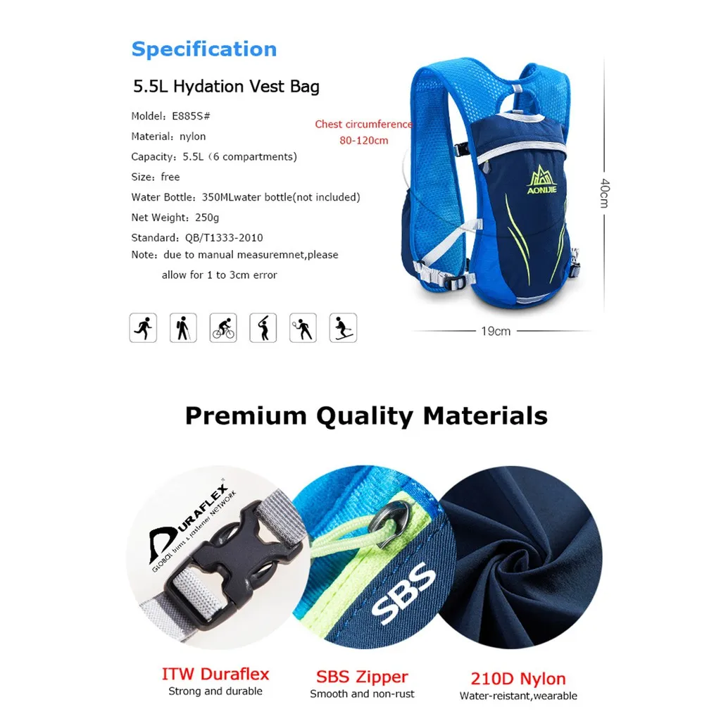 AONIJIE E885 Hydration Backpack Rucksack Bag Vest Harness For 2L Water Bladder Hiking Camping Running Marathon Race Sport 5.5L