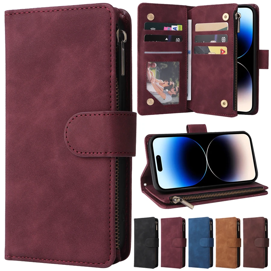 Wallet Multi Card Zipper Magnetic Flip Leather Case For iPho