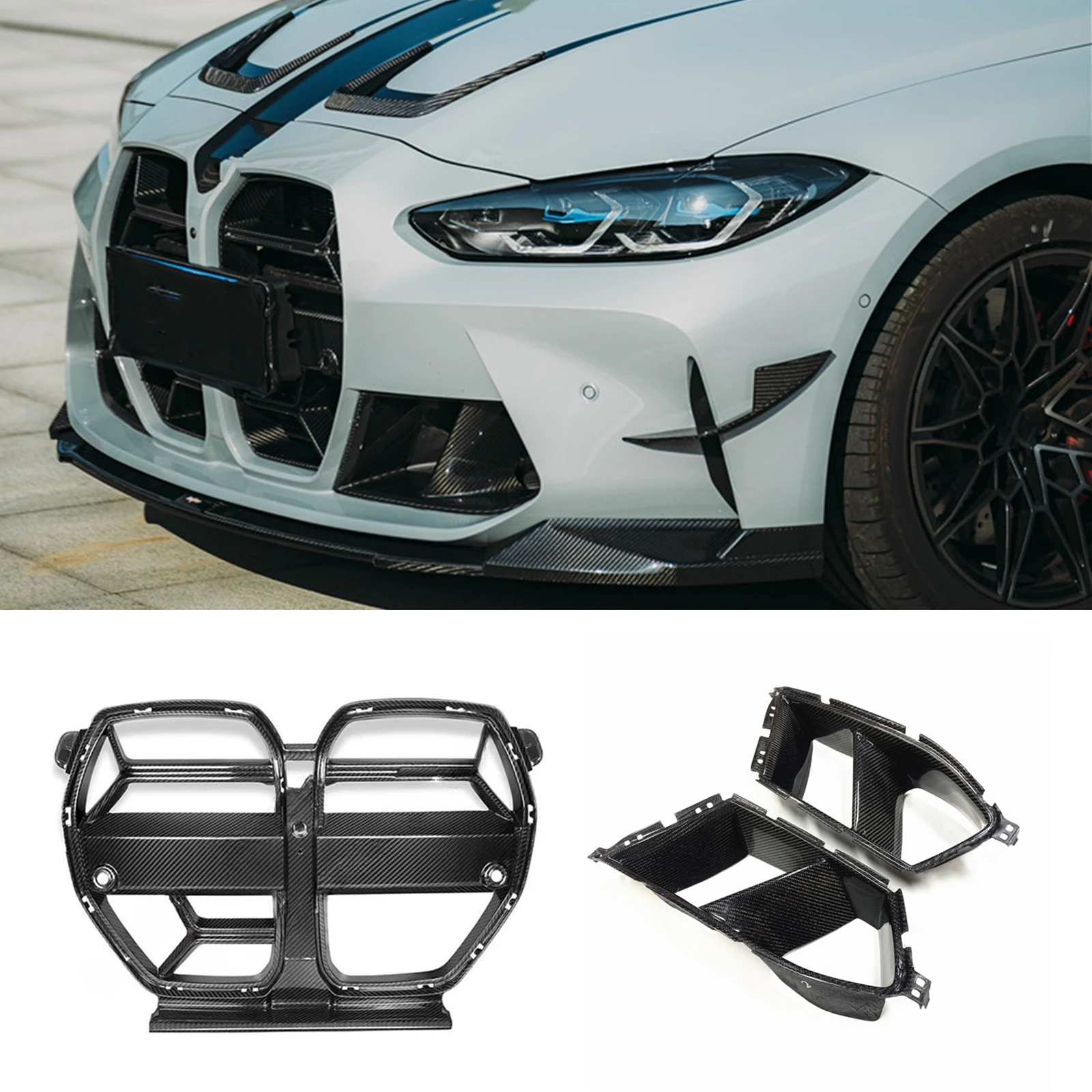 

For BMW G80 M3 G82 G83 M4 2021-2023 Real Carbon Fiber Car Upper Grille Grill Mesh+Front Bumper Side Air Vent Outlet Frame Cover