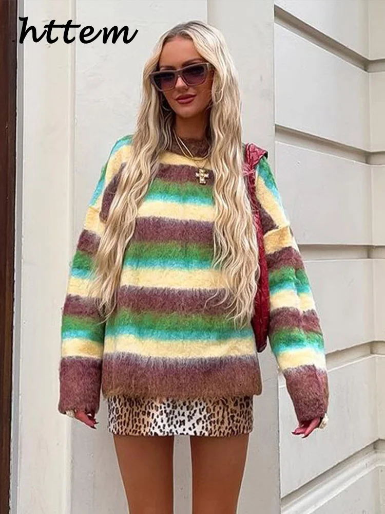 Винтажный женский полосатый свитер из мохера