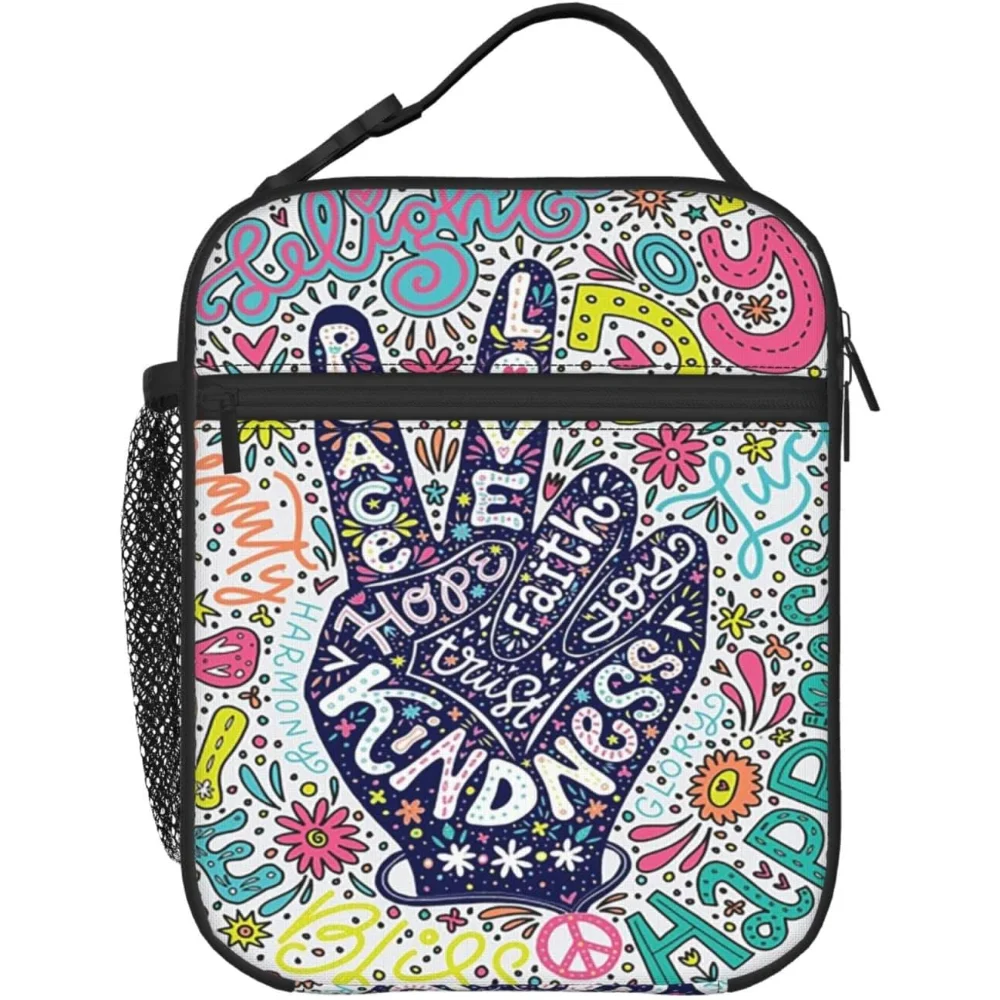 

Peace Sign Gesture Flower Print Lunch Bag Insulation Reusable Women/Men Shoulder Strap Lunch Box Lunch Bag