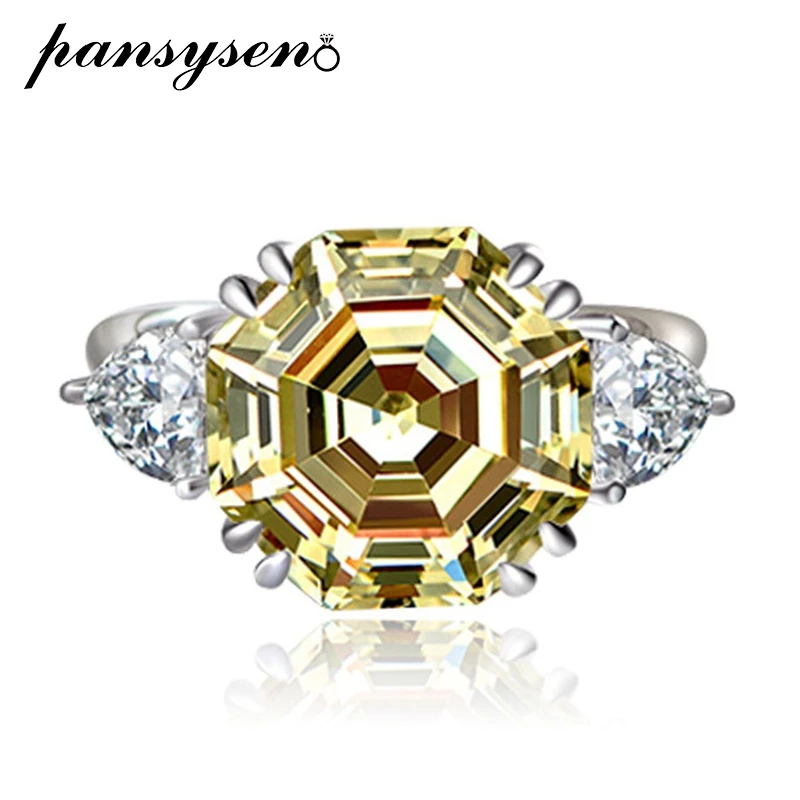 

PANSYSEN Trendy 925 Sterling Silver 12MM Asscher Cut Citrine Aquamarine High Carbon Diamond Ring Engagement Party Fine Jewelry