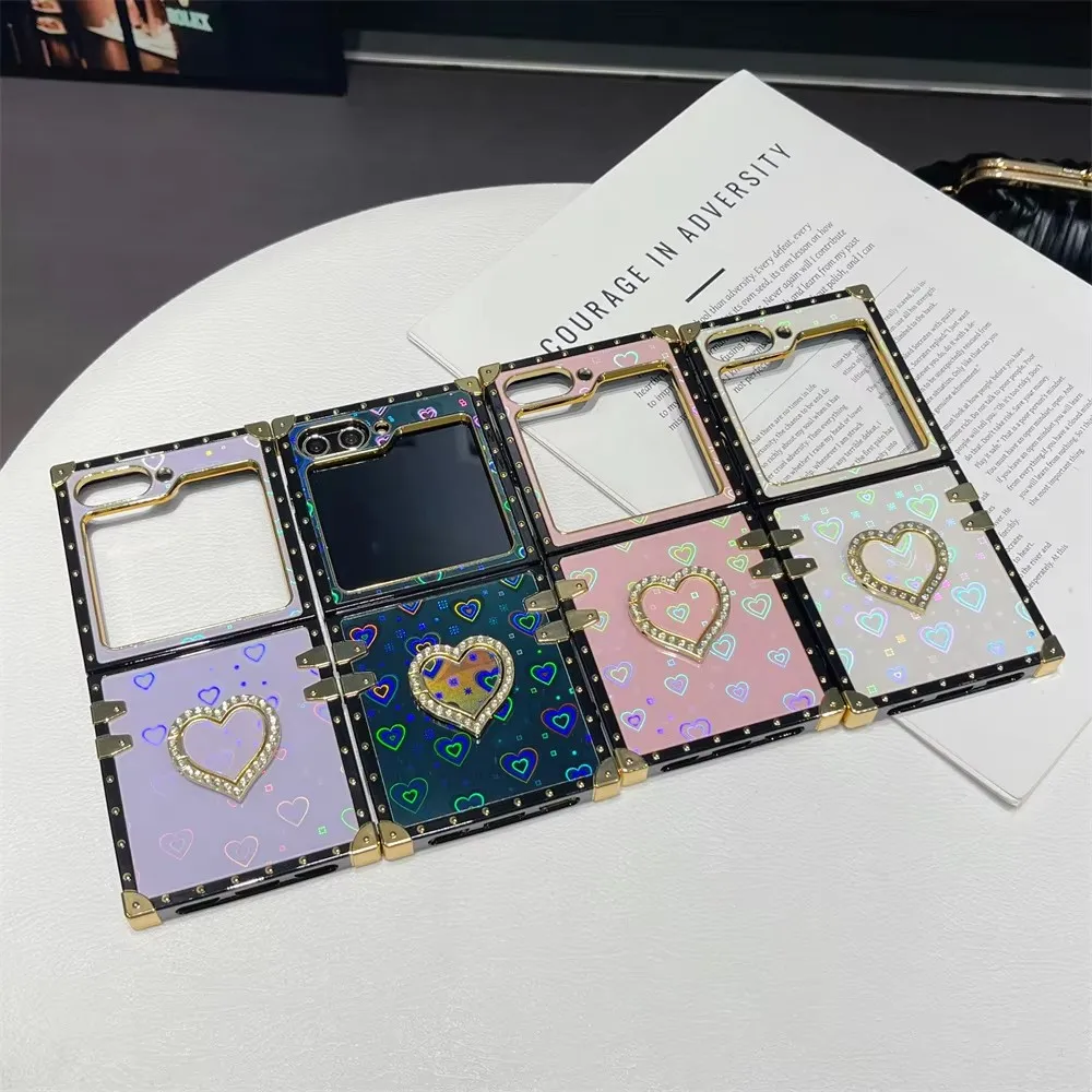 Чехол для телефона Samsung Galaxy Z Flip 6 5 4 3, блестящее кольцо на палец, подставка, чехол, флип, позолоченный бампер, лазерное блестящее сердце (art.: 3920d11f144fb) - 3920d11f144fb