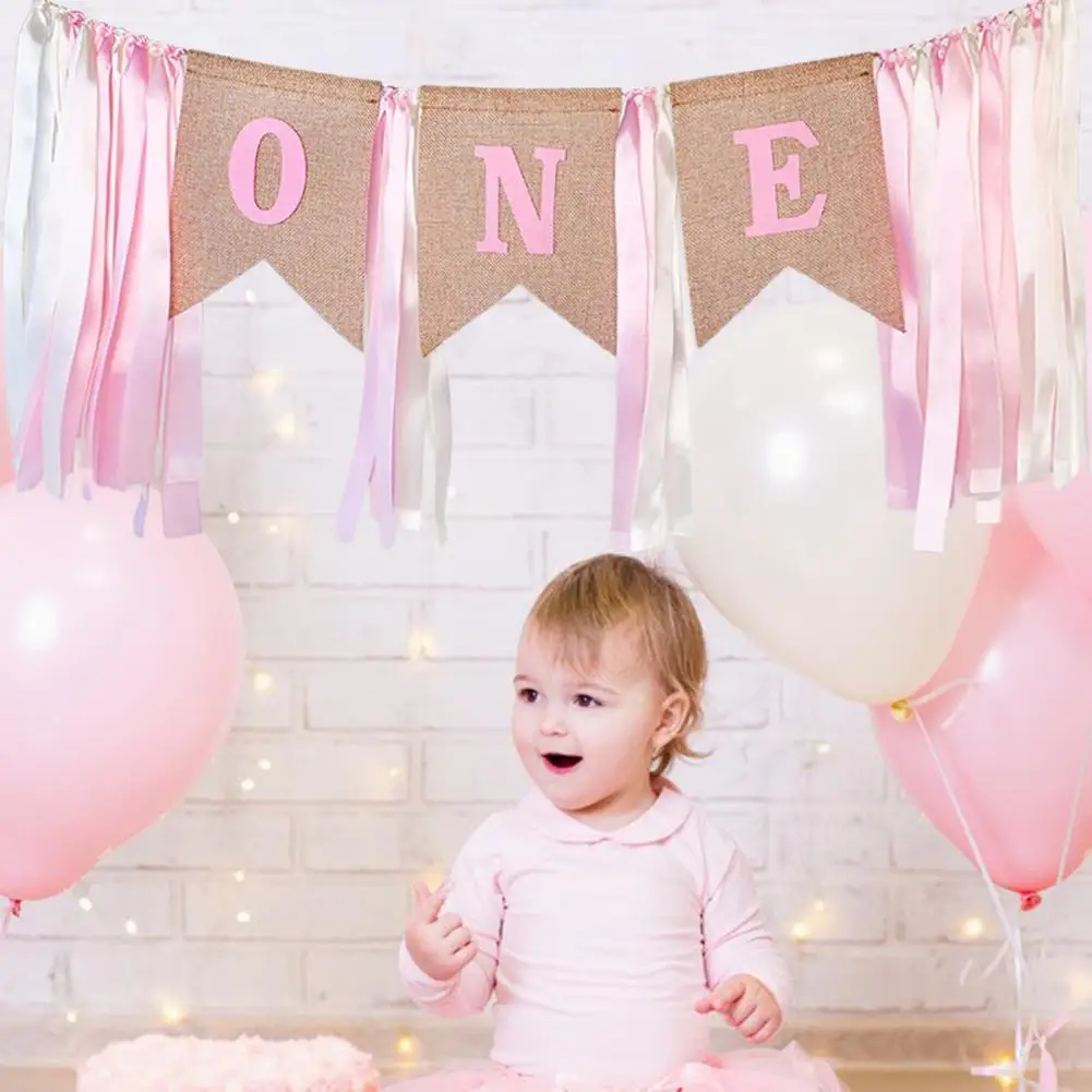 

Hot！Hanging Banner Exquisite Workmanship Letter Design Polyester One Year Baby Birthday Banner for Girls