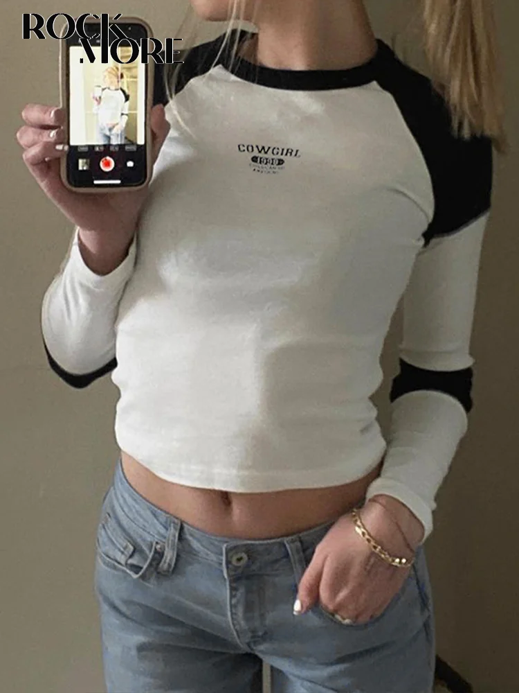 

Женский контрастный укороченный топ Rockmore Y2K Harajuku с принтом, футболки с длинными рукавами, повседневный трикотажный пуловер, корейские футбо...